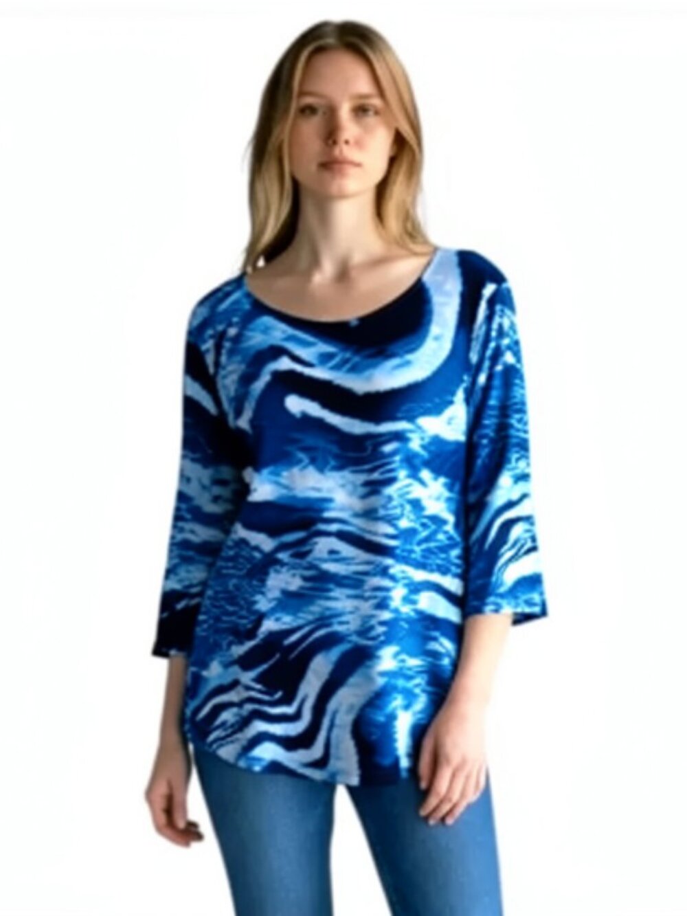 Chico's Womens Top Blouse 3/4 Open Sleeves Blue Tie Dye Size L (16-18)